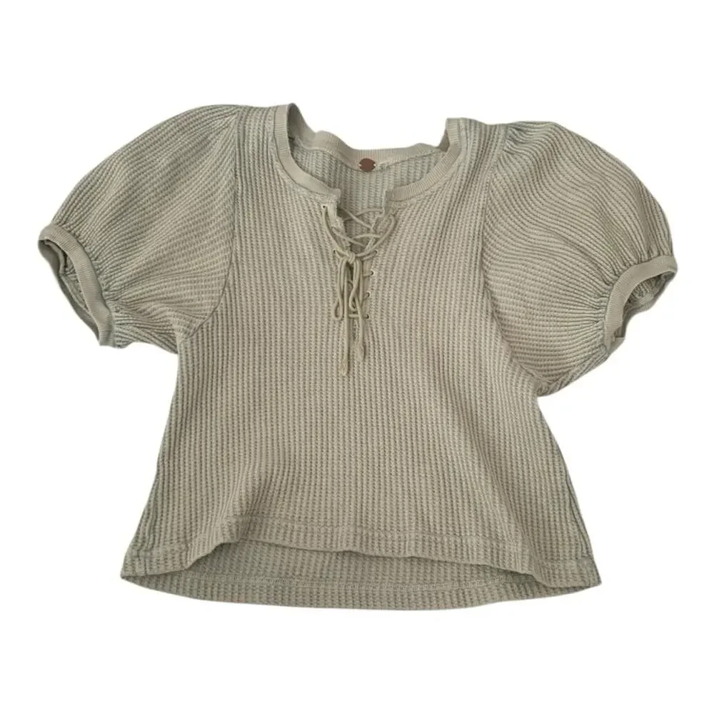 FP one size medium free people Women's Sage Green Lace-Up short sleeve puff top